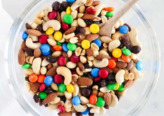 trail mix in glass bowl