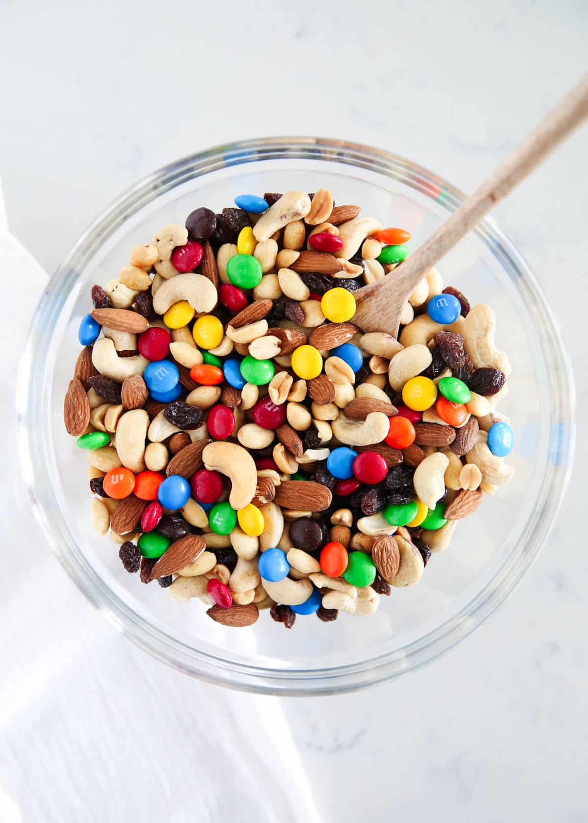 Trail mix in glass bowl.