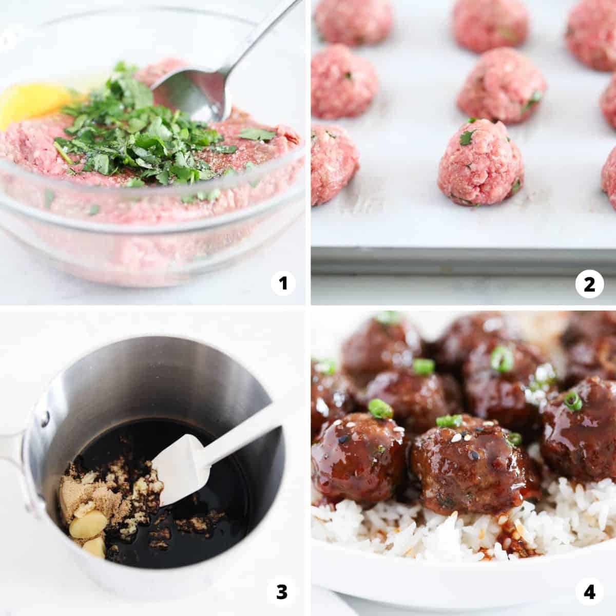 A step by step photo collage of how to make asian meatballs.
