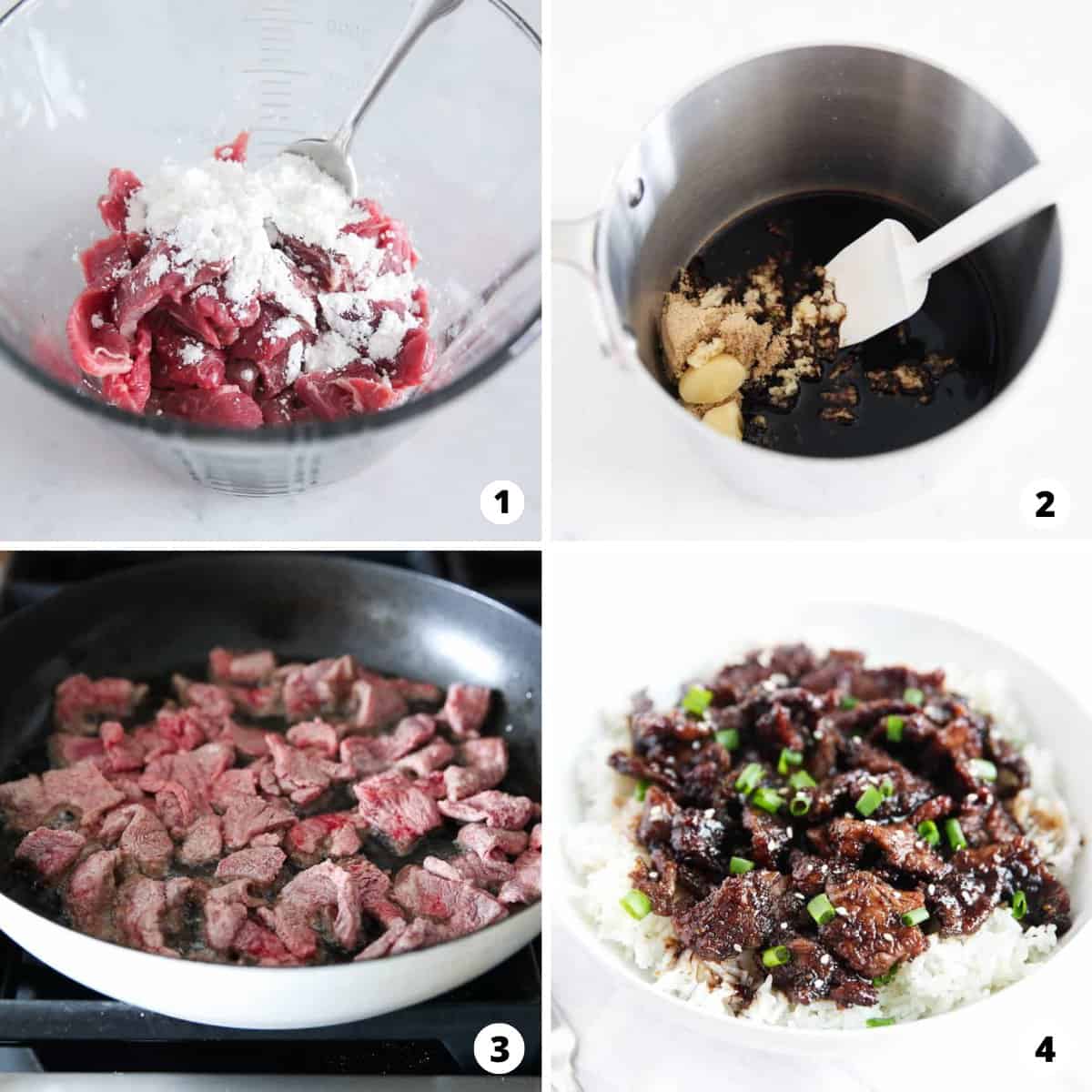 A step by step photo collage showing how to make PF changs mongolian beef.