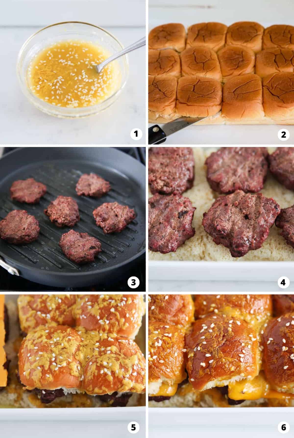 Photo collage showing step by step how to make cheeseburger sliders.