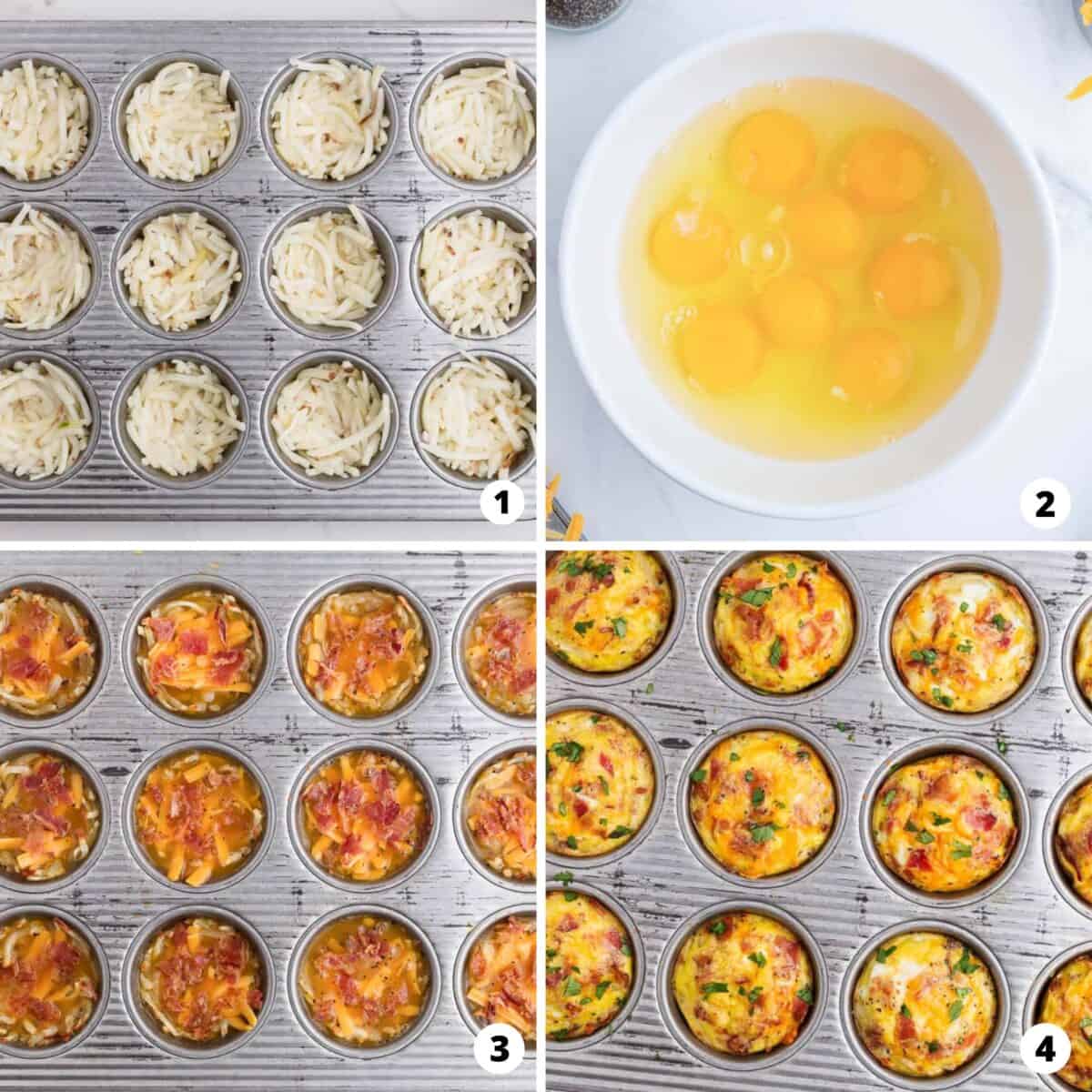 A step by step photo collage of how to make hash brown egg cups.