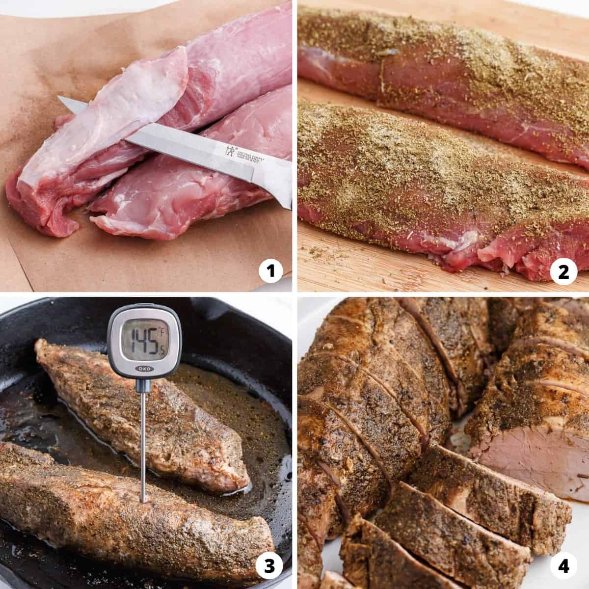 Step by step photo collage of how to make herb crusted pork tenderloin.