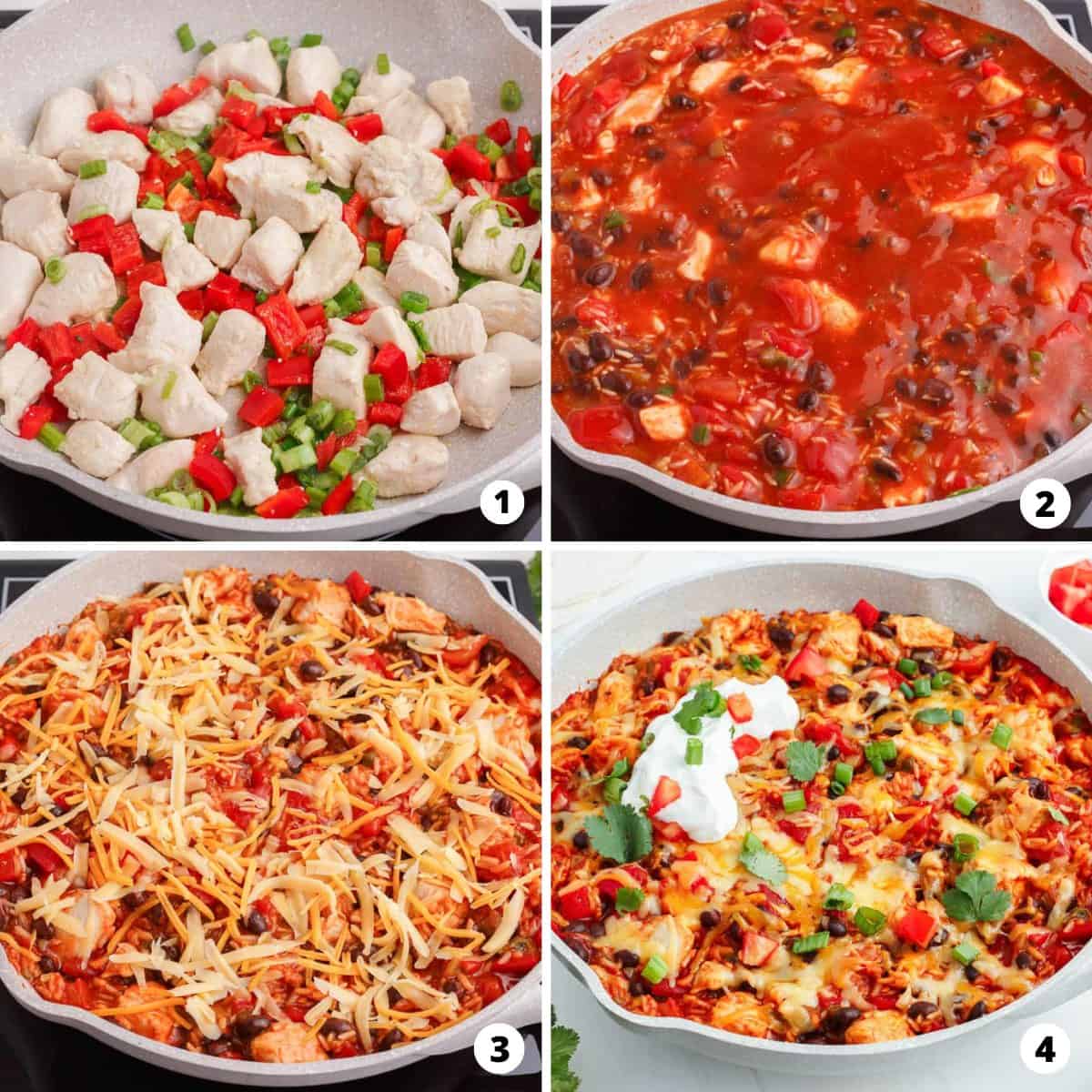 Step by step photo collage of how to make mexican chicken and rice.
