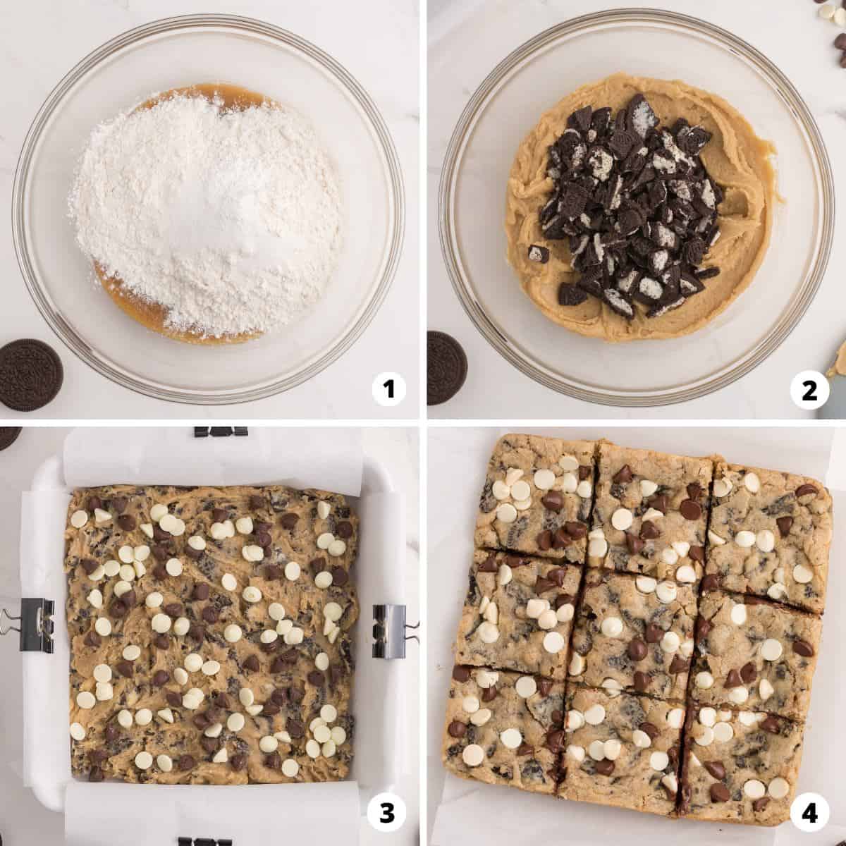 Showing how to make oreo cookie bars in a 4 step collage. 