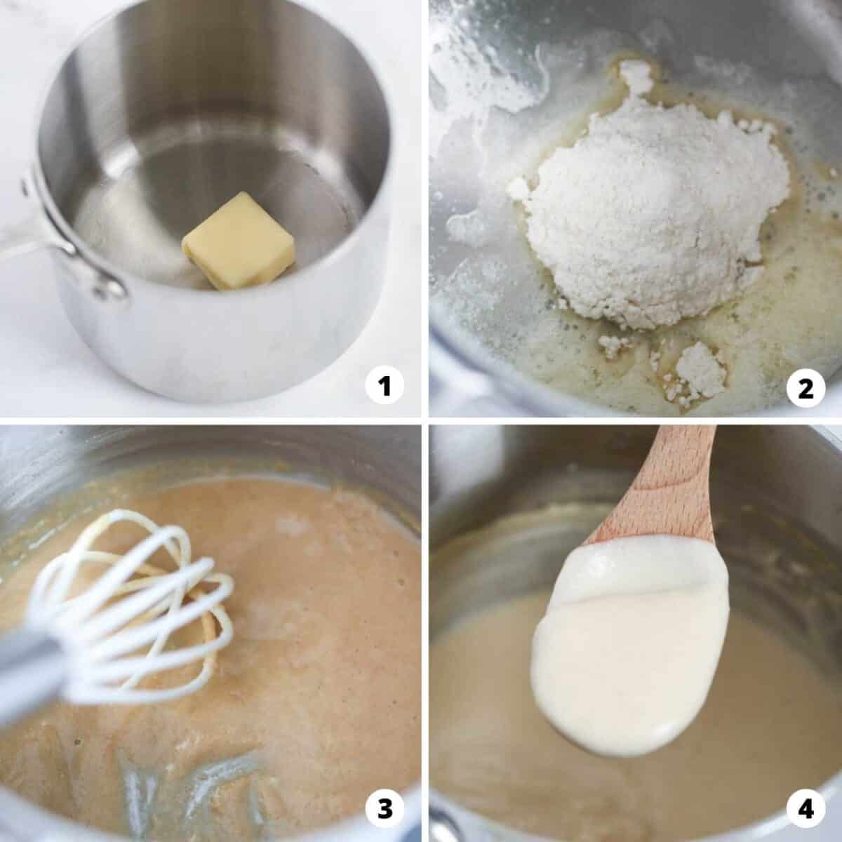 Collage showing step by step instructions on how to make bechamel sauce. 