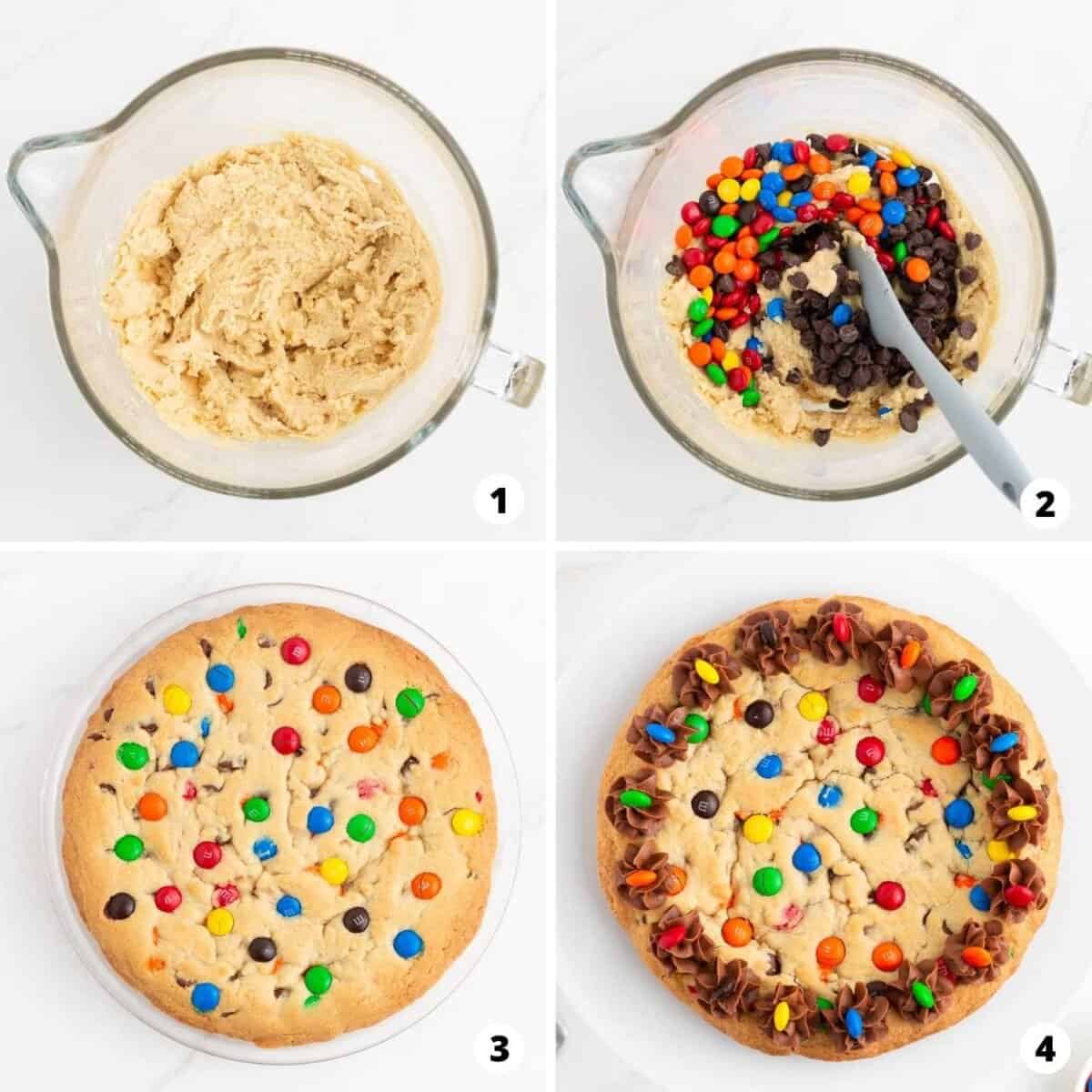 Step by step collage showing how to make M&M cookie cake. 