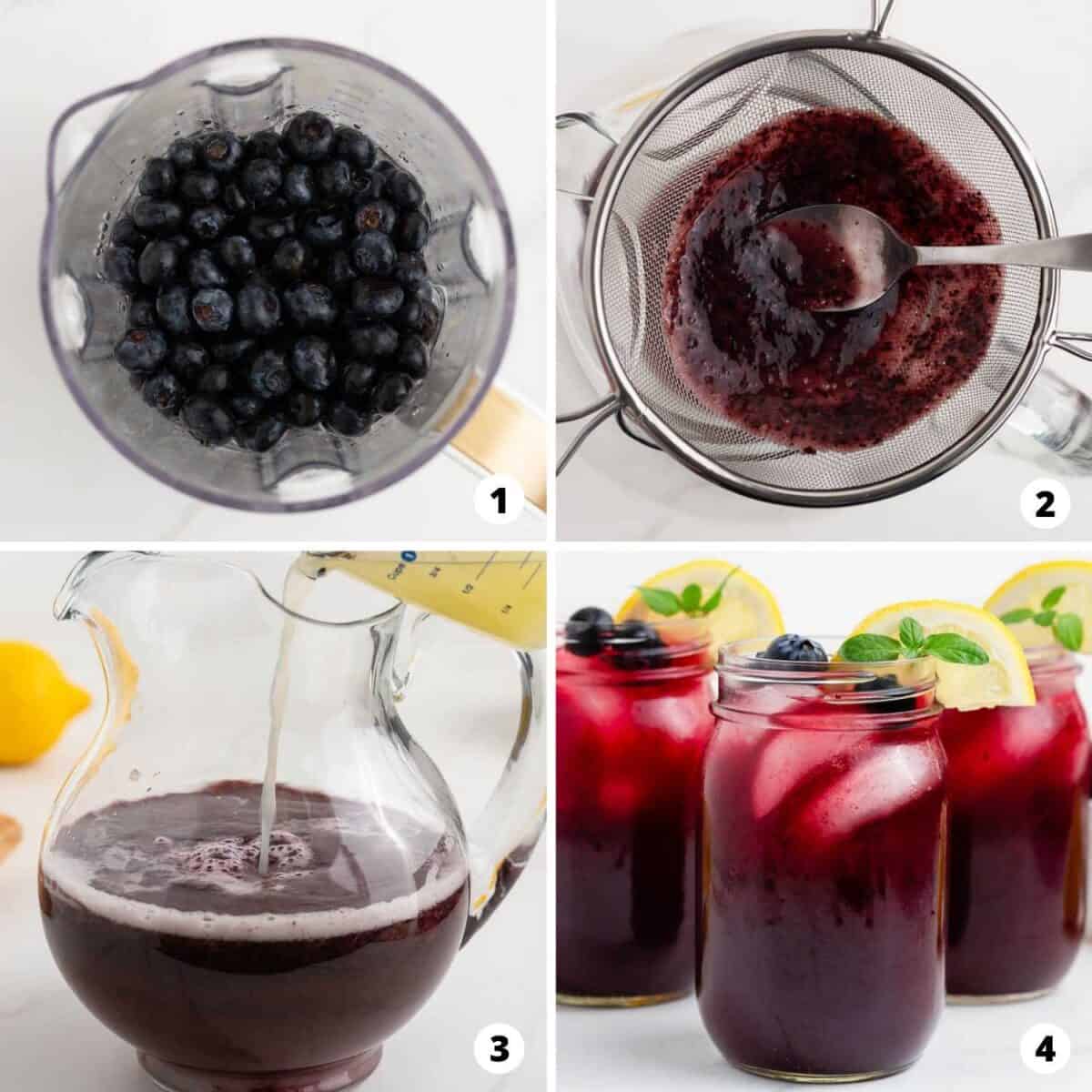 Step by step making blueberry lemonade.