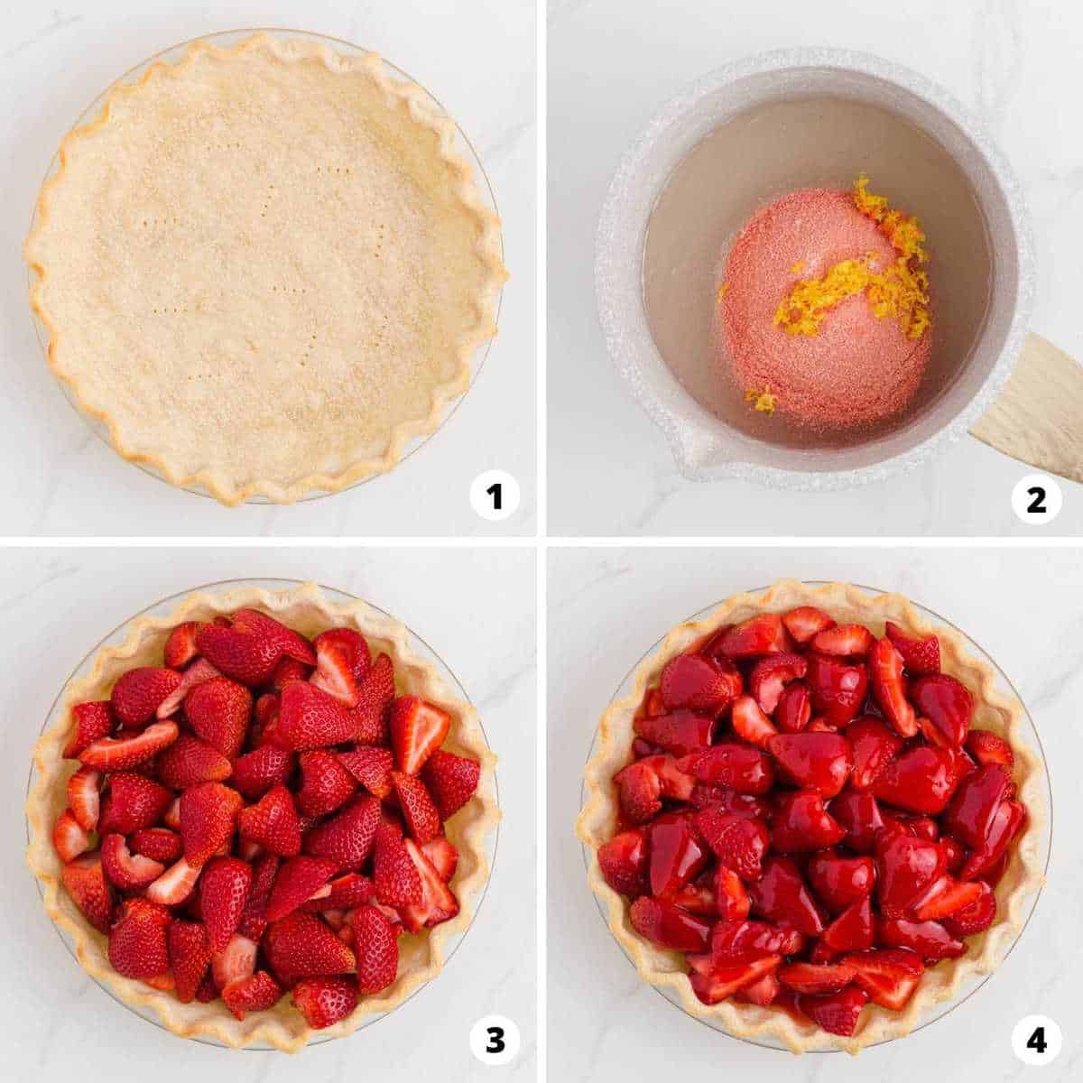 A four step photo making strawberry pie. 