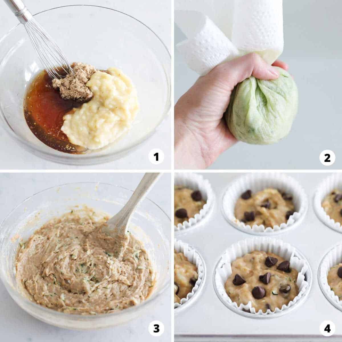 Step by step collage showing how to make banana zucchini muffins. 