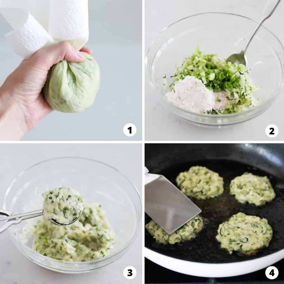 Step by step making zucchini fritters.