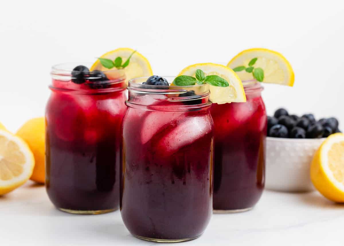 Blueberry lemonade in mason jars.