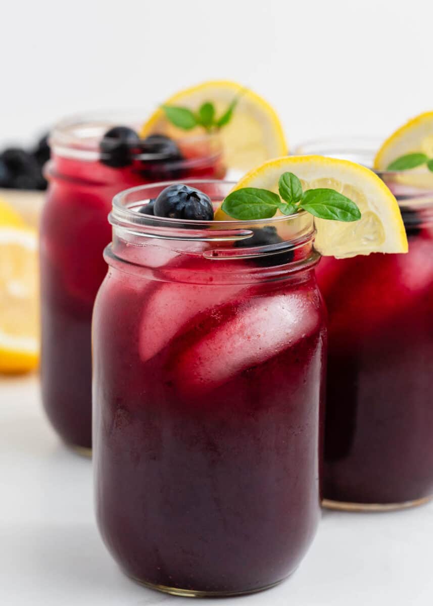Blueberry lemonade in mason jars.