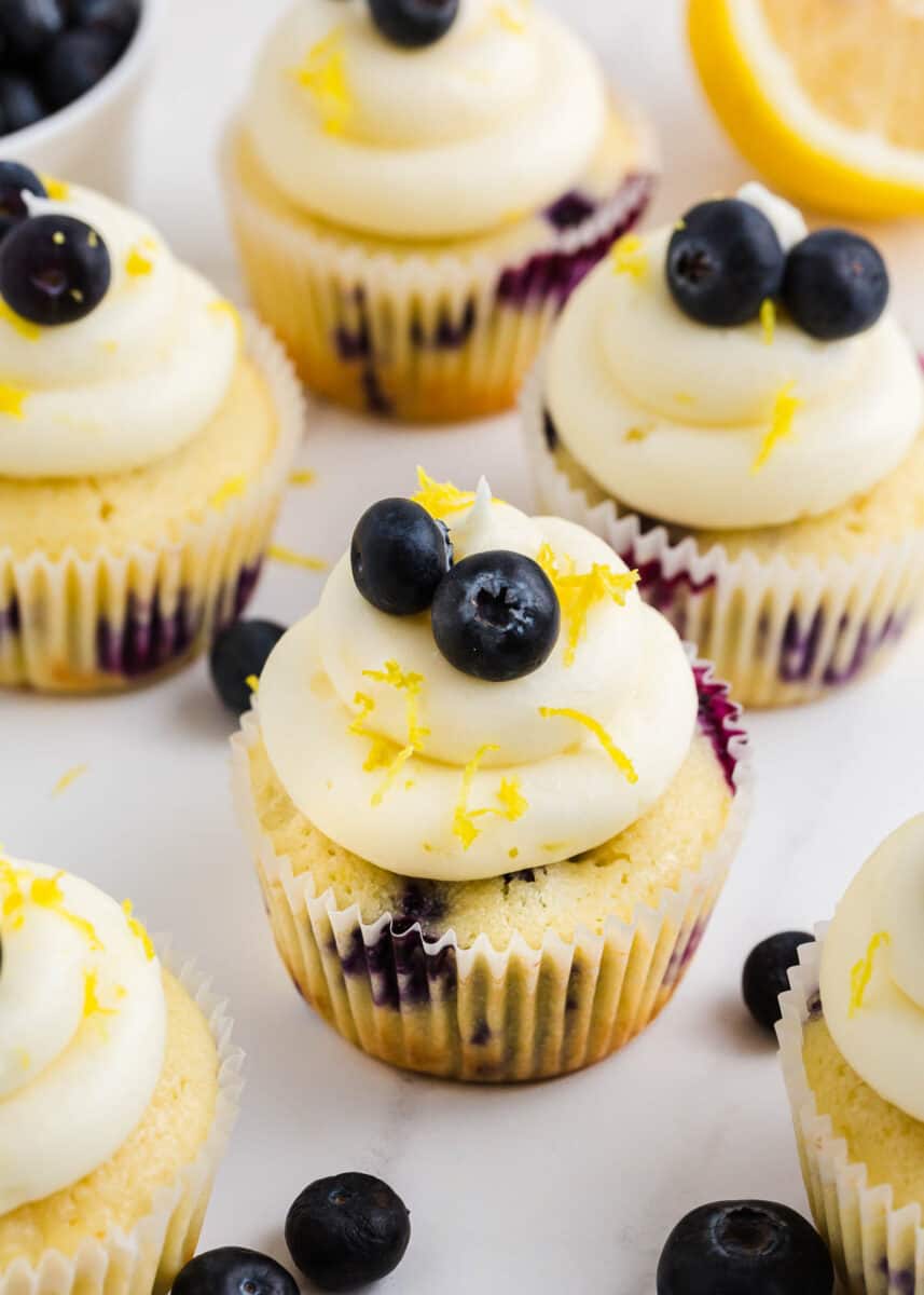 Close up of a lemon blueberry cupcake.