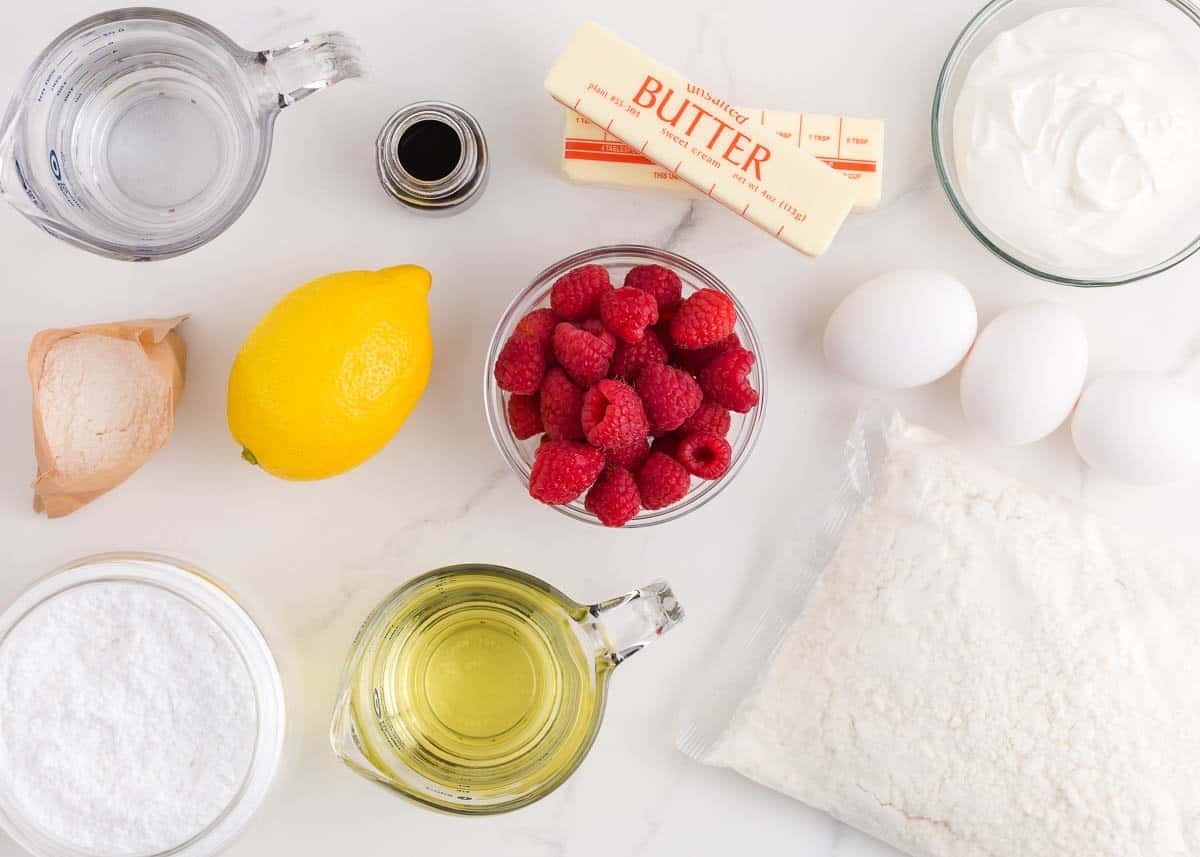 Lemon raspberry cupcake ingredients on counter. 