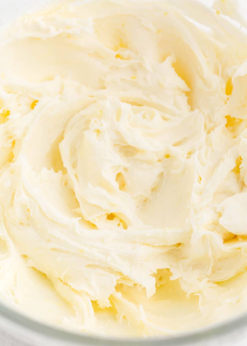 Lemon cream cheese frosting in mixing bowl.