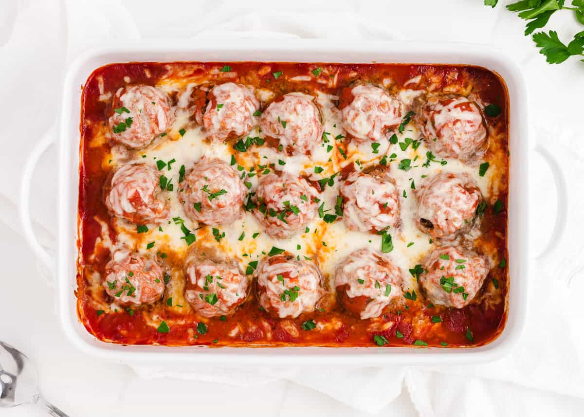 meatball casserole in baking dish