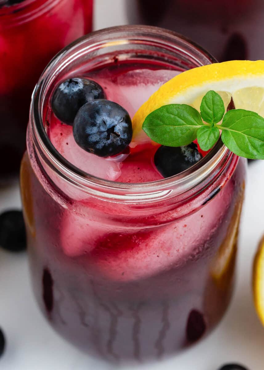 Close up of blueberry lemonade drink.