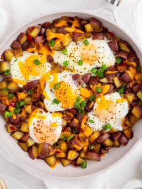 Egg skillet on counter is an easy breakfast idea.
