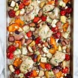 greek chicken and vegetables cooked on sheet pan