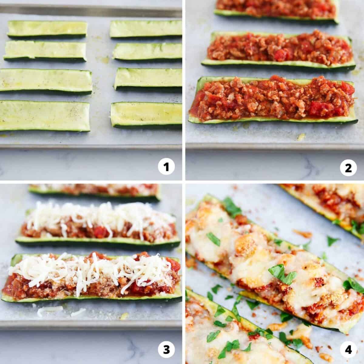 Step by step collage making stuffed zucchini boats.