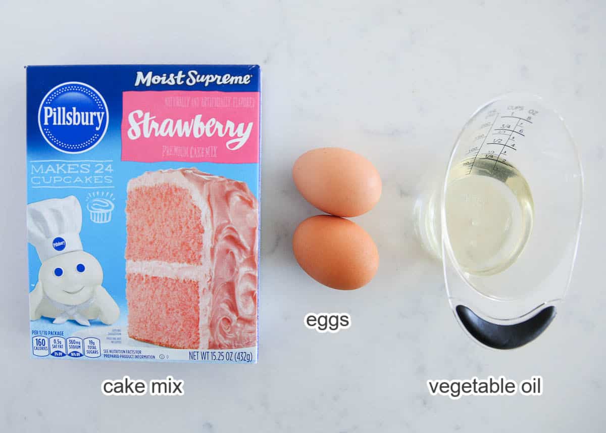 Ingredients for strawberry brownies on counter. 