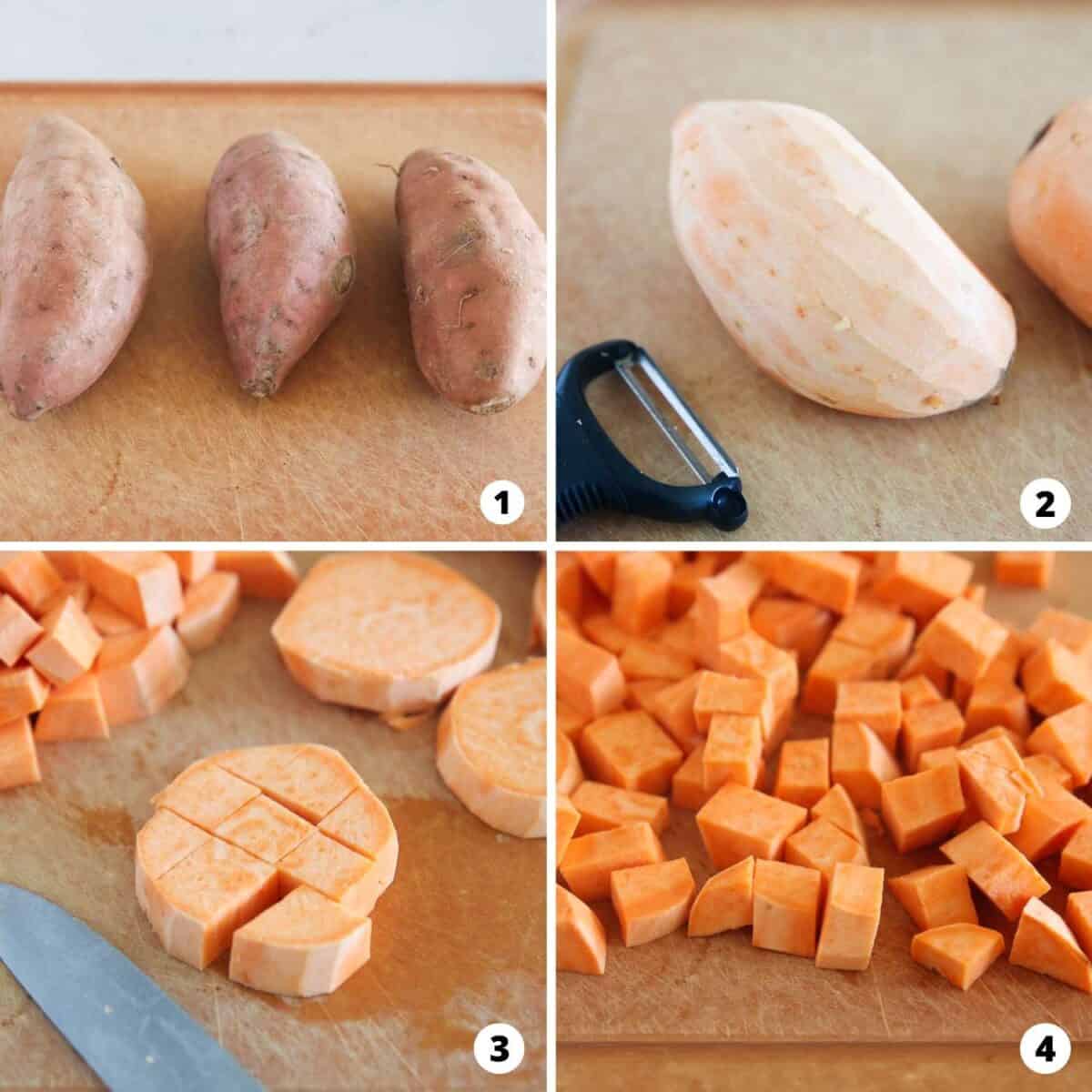 Step by step collage cutting sweet potatoes.