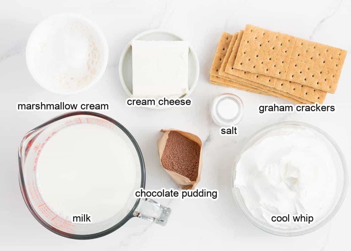 Frozen s'more ingredients on marble countertop.