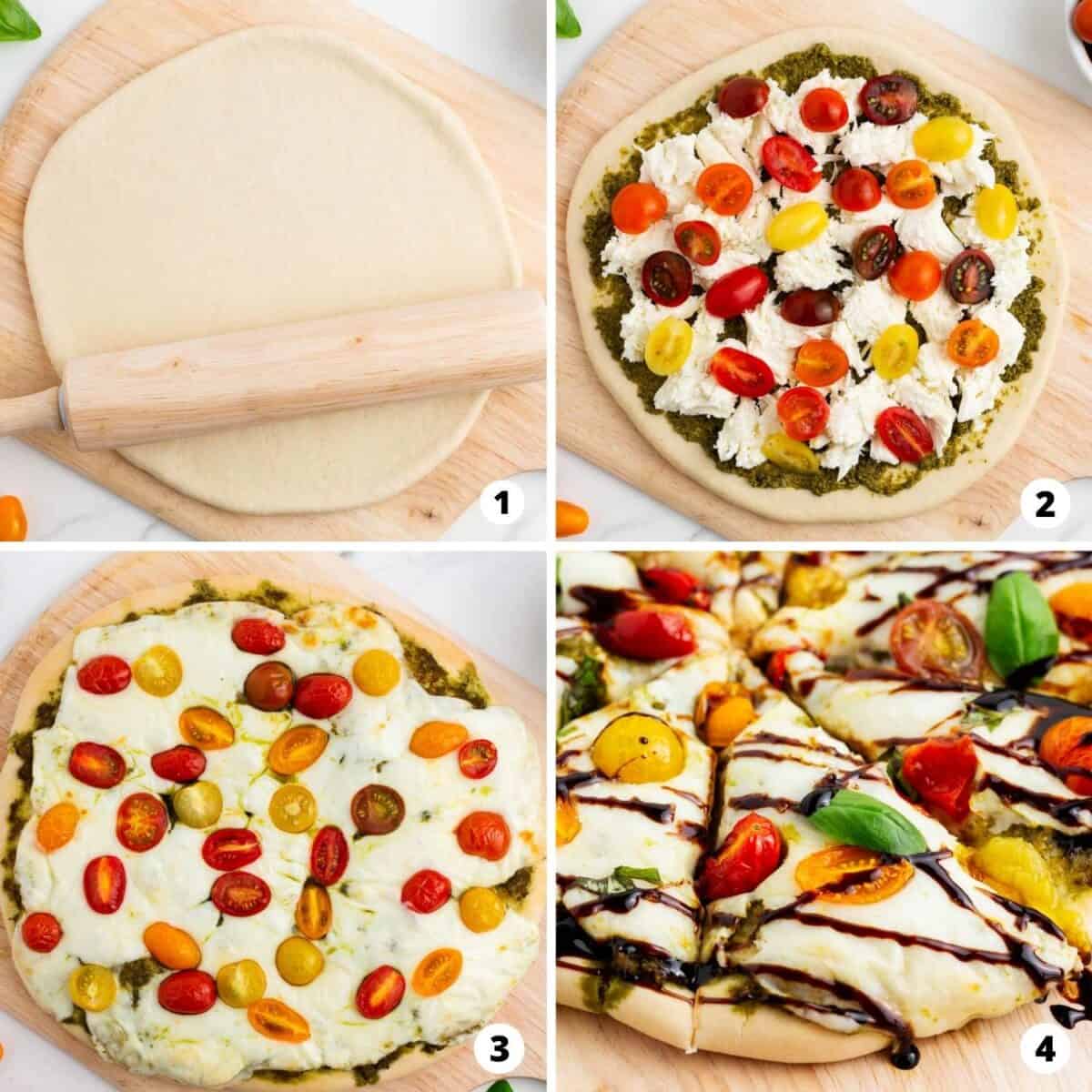 Step by step collage making caprese pizza.