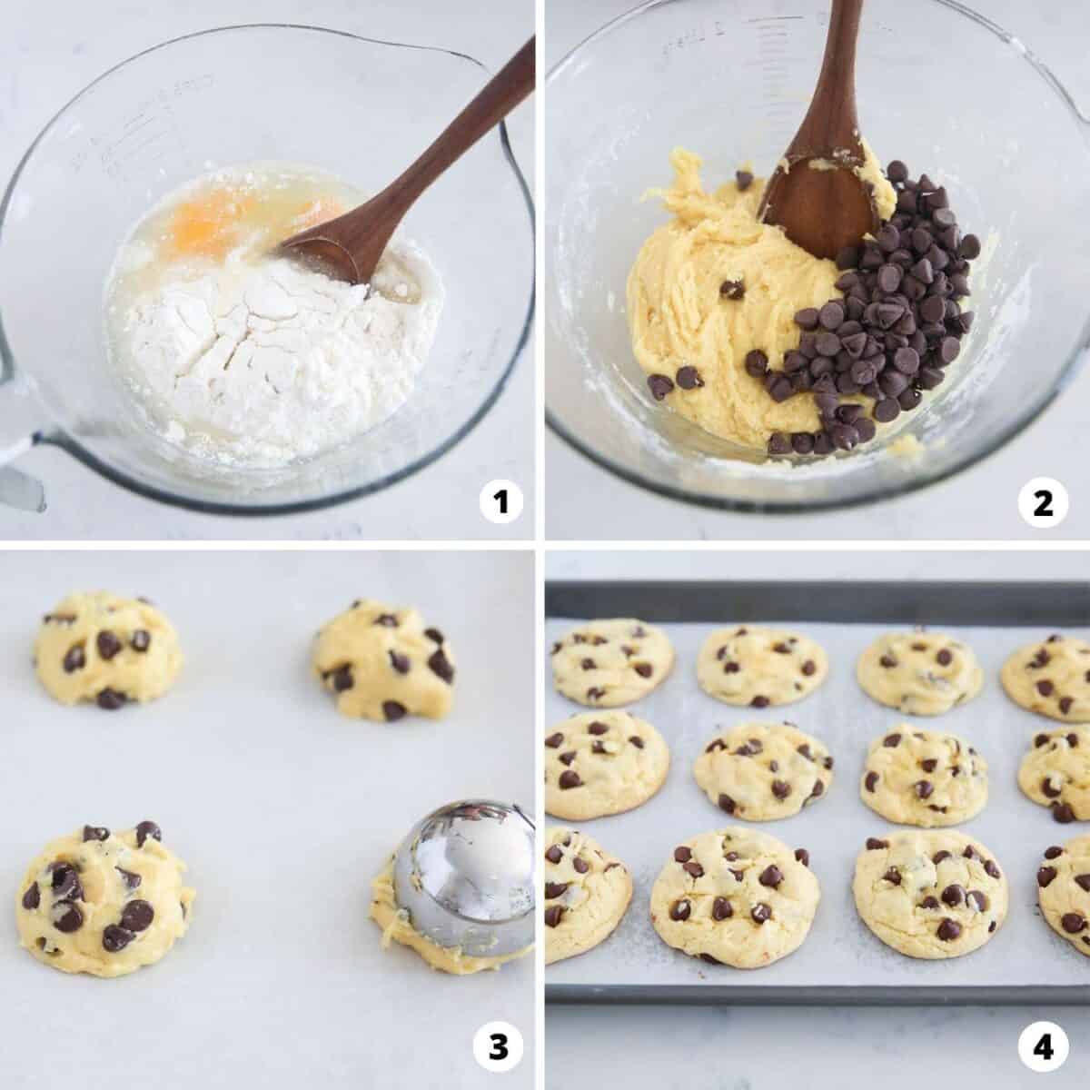 Cake mix chocolate chip cookies are chewy and delicious, and take quick and easy cookie recipes to another level using just a boxed mix, oil, eggs, and loads of chocolate chips! How to make cake mix chocolate chip cookie collage.