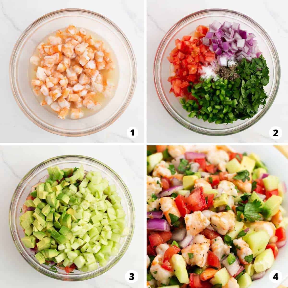 Step by step collage showing how to make ceviche. 