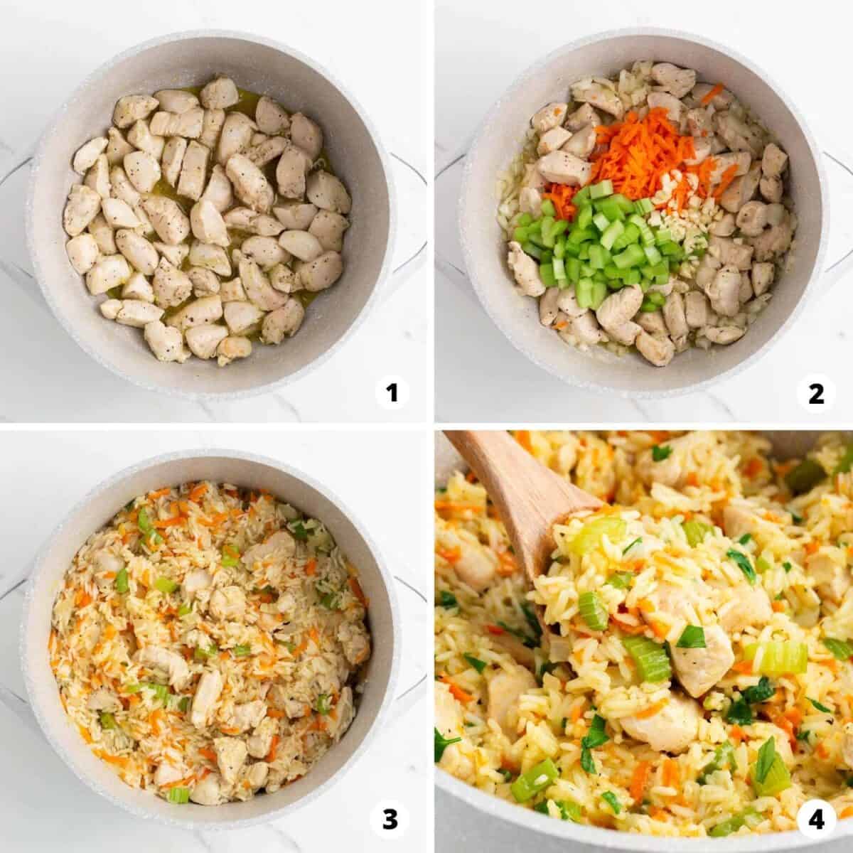 Step by step collage making chicken and rice.
