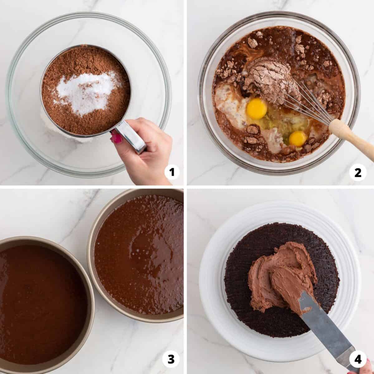 Step by step collage making a chocolate cake.