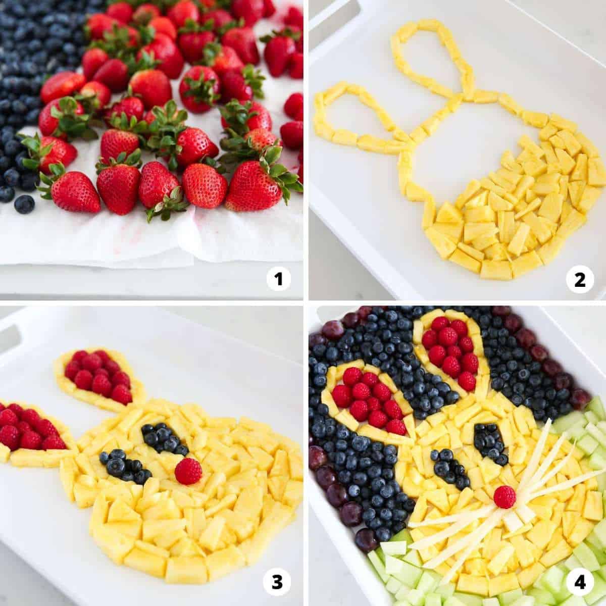 Step by step collage making bunny fruit tray.