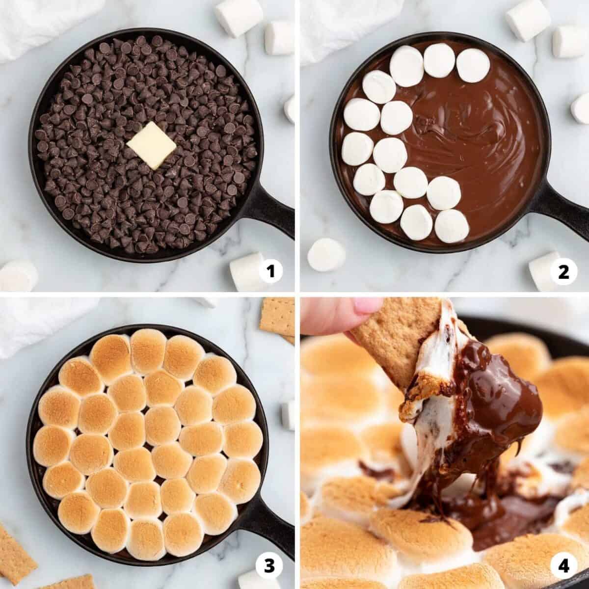 Step by step collage making s'mores dip.