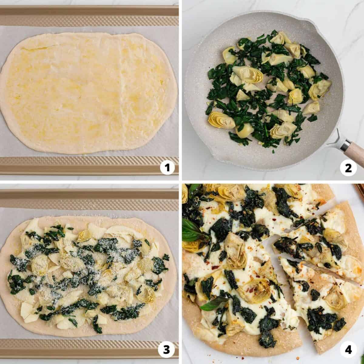 How to make spinach artichoke pizza collage.