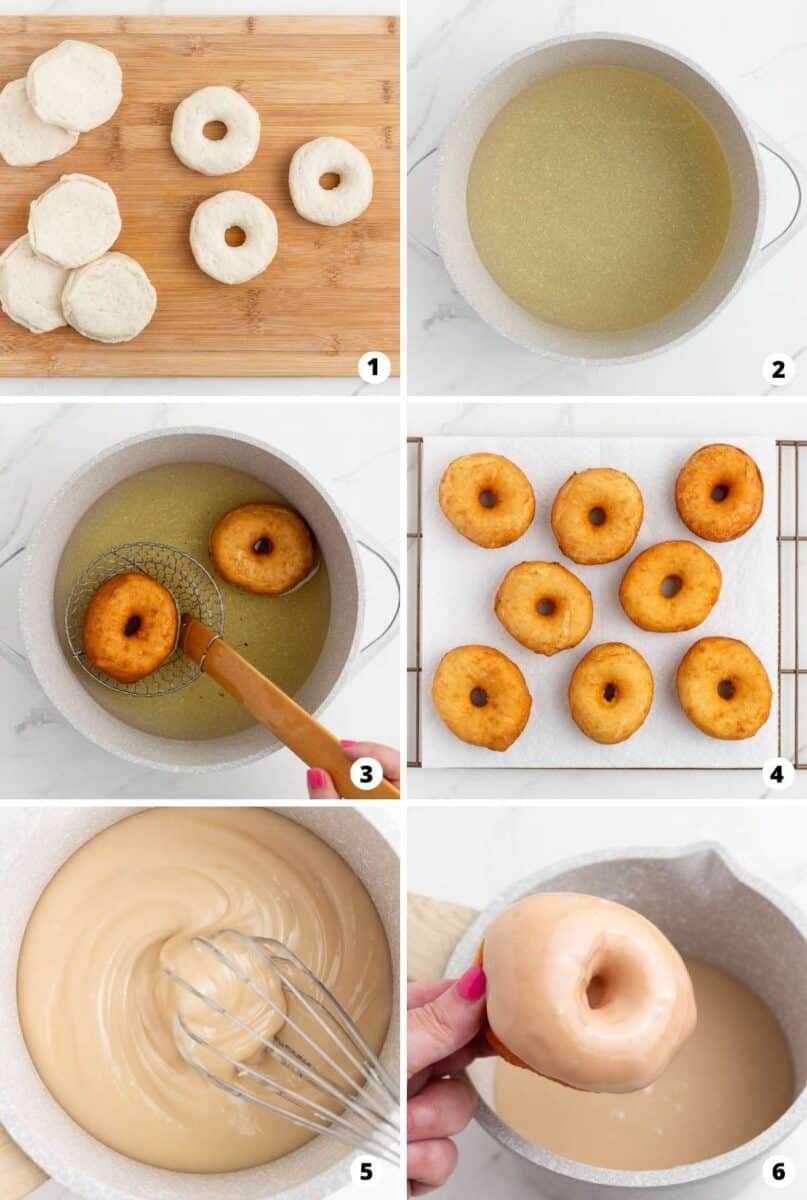 Showing how to make maple donuts in a step by step collage.
