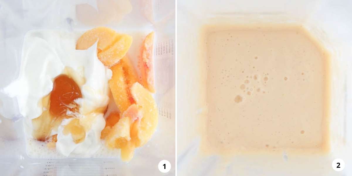 Mixing peach smoothie in blender.