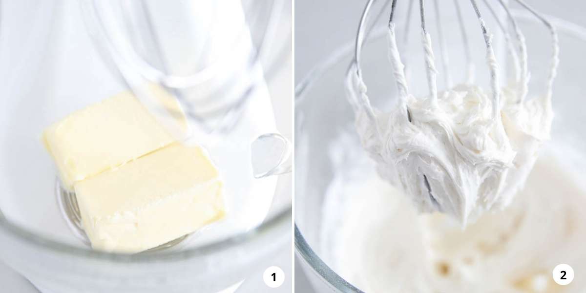 Mixing vanilla frosting in glass bowl.