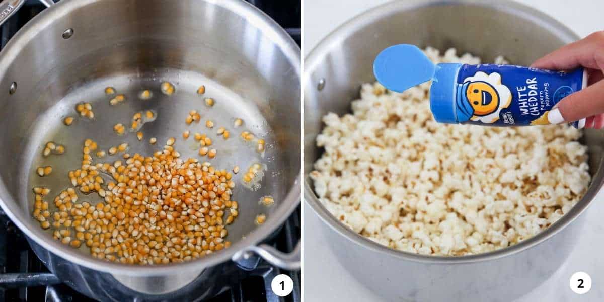 Cooking white cheddar popcorn on the stovetop.