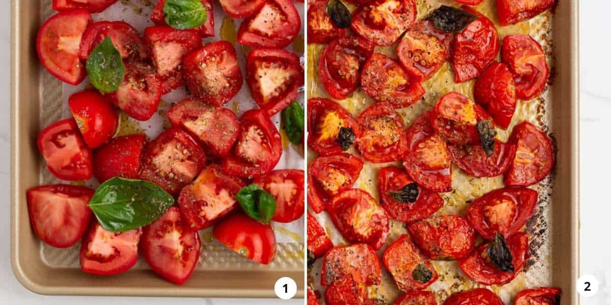 Roasted tomatoes on baking sheet. 