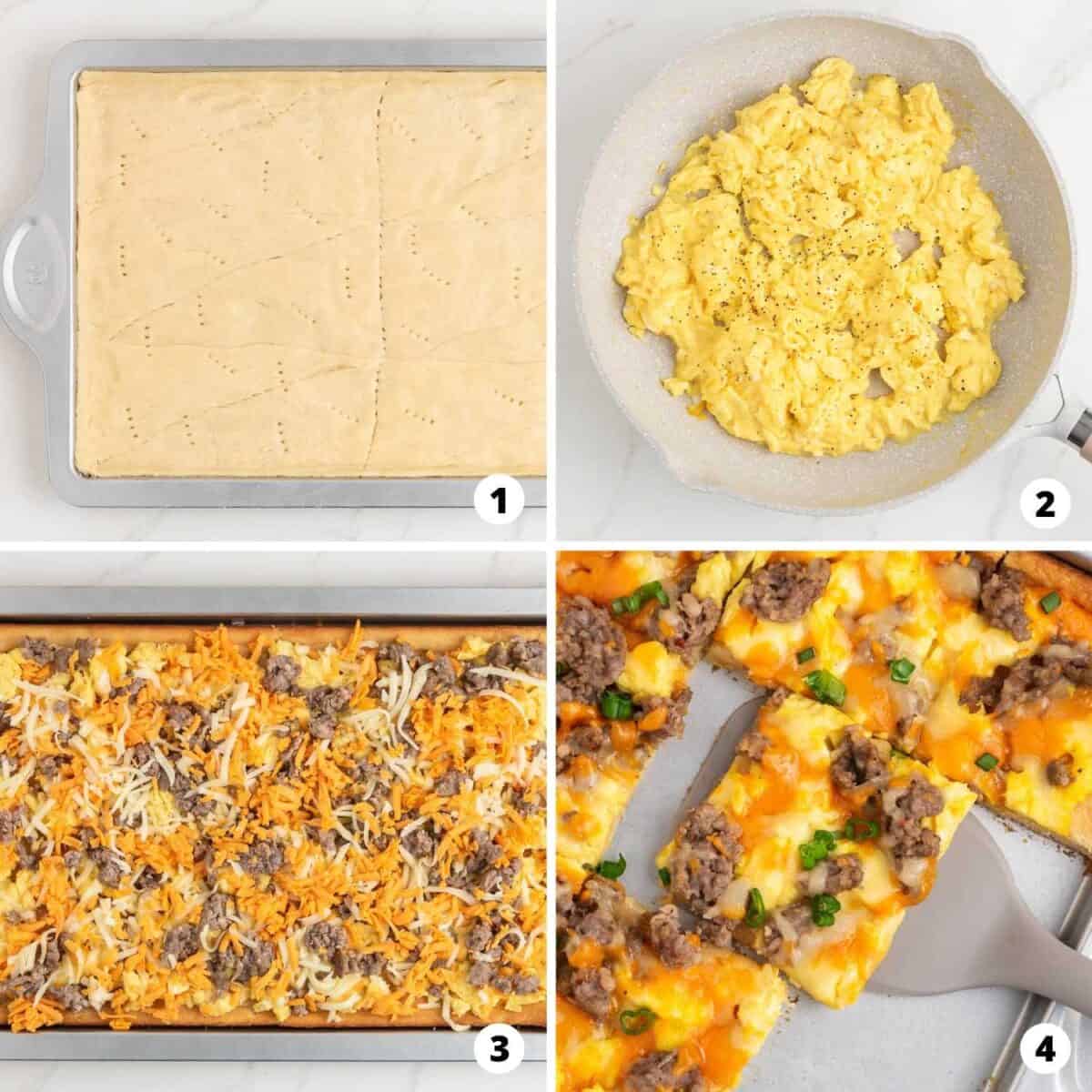Breakfast pizza is a savory breakfast lover's dream! It's a complete breakfast on your table in under 30 minutes made with easy dough, eggs, sausage, and two kinds of melty cheese! Step by step collage making breakfast sausage pizza.