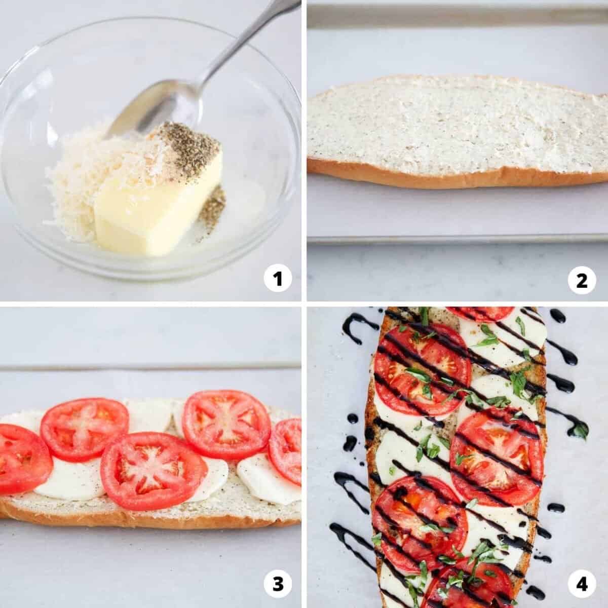 Collage showing how to make caprese bread. 