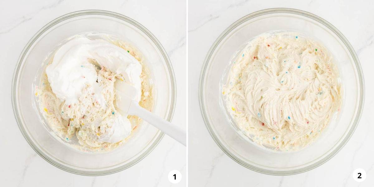 Mixing funfetti dip in glass bowl.