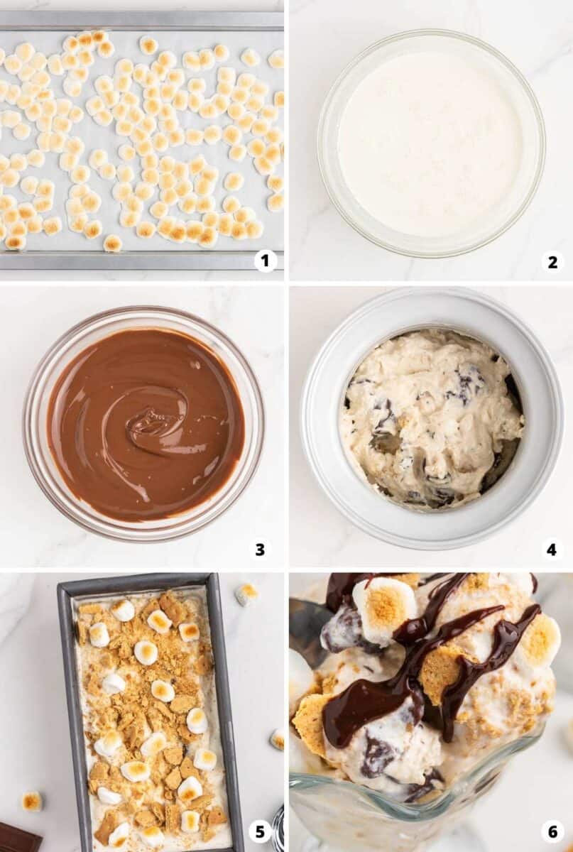 Step by step collage showing how to make s'mores ice cream.