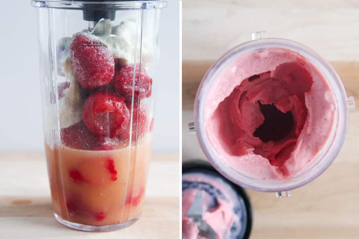 Blending strawberry Dole Whip ingredients in blender. 