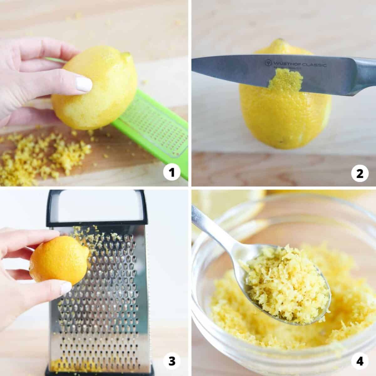 Step by step collage of zesting a lemon.
