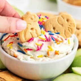 Dipping animal cracker into funfetti dip.