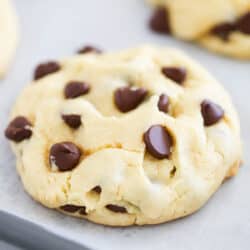 Cake mix chocolate chip cookie on parchment paper.