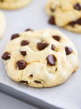 Cake mix chocolate chip cookie on parchment paper.